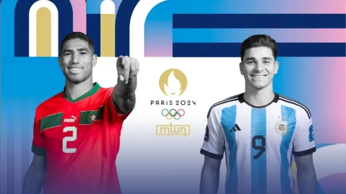 Paris 2024: Here's a suggestion for the alt text: "Portraits of the captains of Argentina and Morocco teams at the Paris 2024 Olympics, showcasing their team uniforms and expressions of focus and determination.