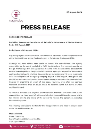 Press release document from Sarkodie's team, detailing official statements and updates, with the SarkCess Music logo at the top and formal text laid out on a white background