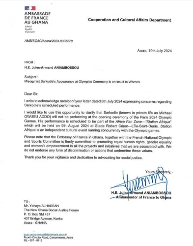 Letter from the French embassy to the Ghana Social Justice Forum, printed on official embassy letterhead. The letter includes formal language and likely addresses topics related to diplomatic relations or invitations for the forum's activities.