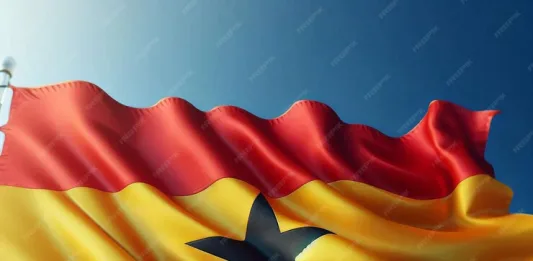 Bright Ghana flag featuring the iconic red, yellow, and green stripes with a black star at the center, symbolizing unity, strength, and pride in national identity. The vibrant colors highlight the essence of Ghanaian culture and patriotism