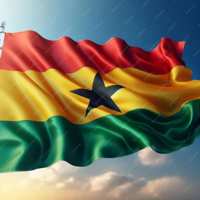 Bright Ghana flag featuring the iconic red, yellow, and green stripes with a black star at the center, symbolizing unity, strength, and pride in national identity. The vibrant colors highlight the essence of Ghanaian culture and patriotism