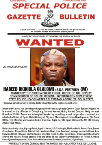 Official police bulletin declaring Nigerian singer Portable wanted for violent attack.