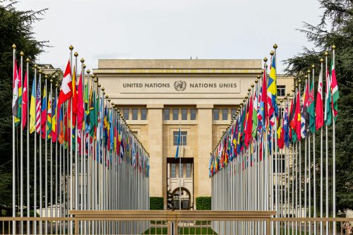 Front view of the United Nations headquarters with member state flags.